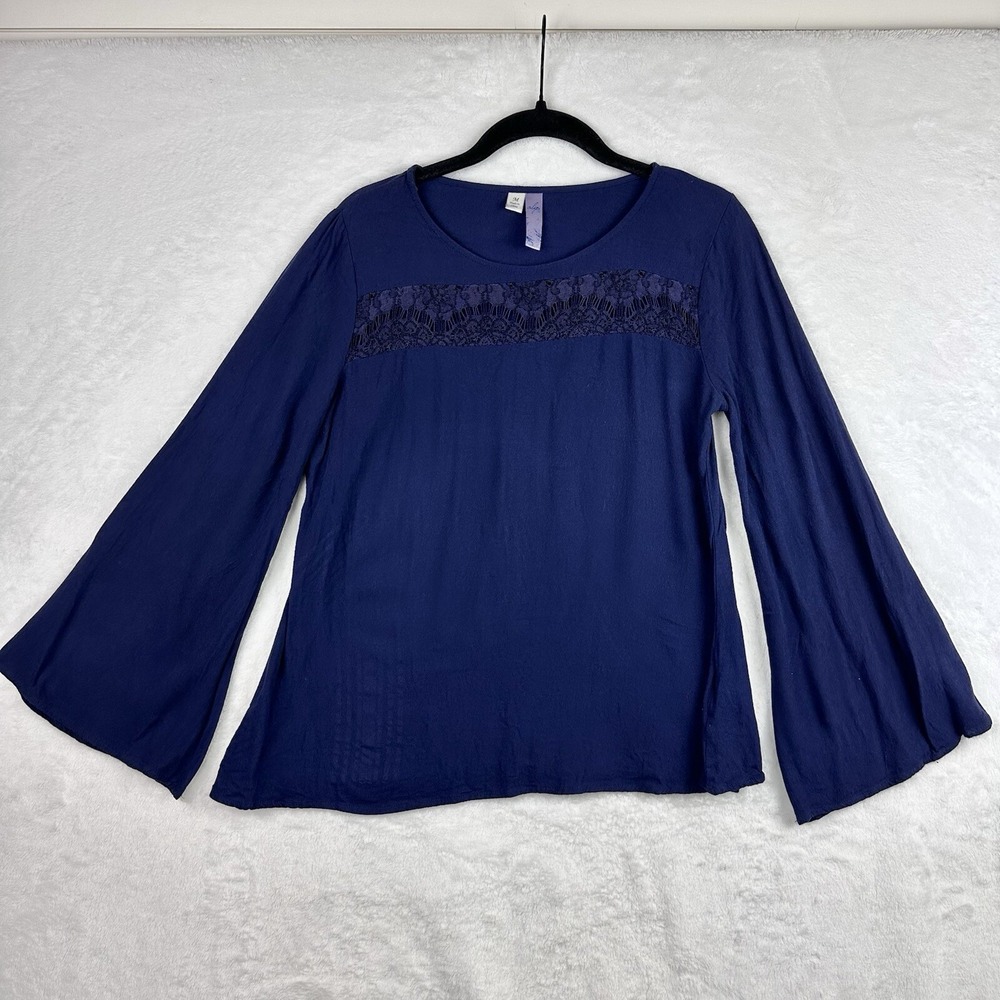 Alya Navy Blue Top Flared Sleeve Lace Front‎ Blouse Medium